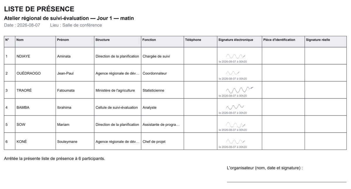 Liste de présence PDF : tableau des participants avec structure, fonction et signature électronique horodatée, suivi des colonnes pièce d'identification et signature.