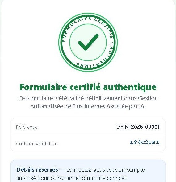 Page publique de vérification : cachet vert « formulaire certifié authentique », référence du document et code de validation.